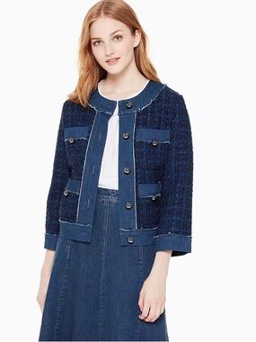 Kate Spade New York Denim Tweed Jacket XS Blue Button Front Preppy